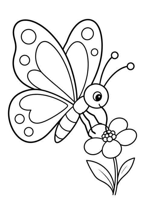 Papillon et petite fleur, dessin en noir et blanc à colorier