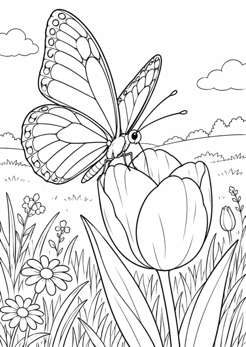 Papillon sur une tulipe, dessin en noir et blanc à colorier