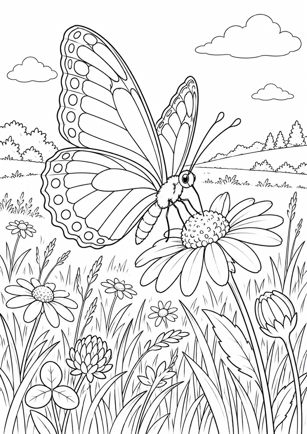 Papillon dans la prairie : coloriage original à imprimer