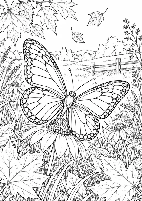 Papillon et feuillage d’automne, dessin en noir et blanc à colorier