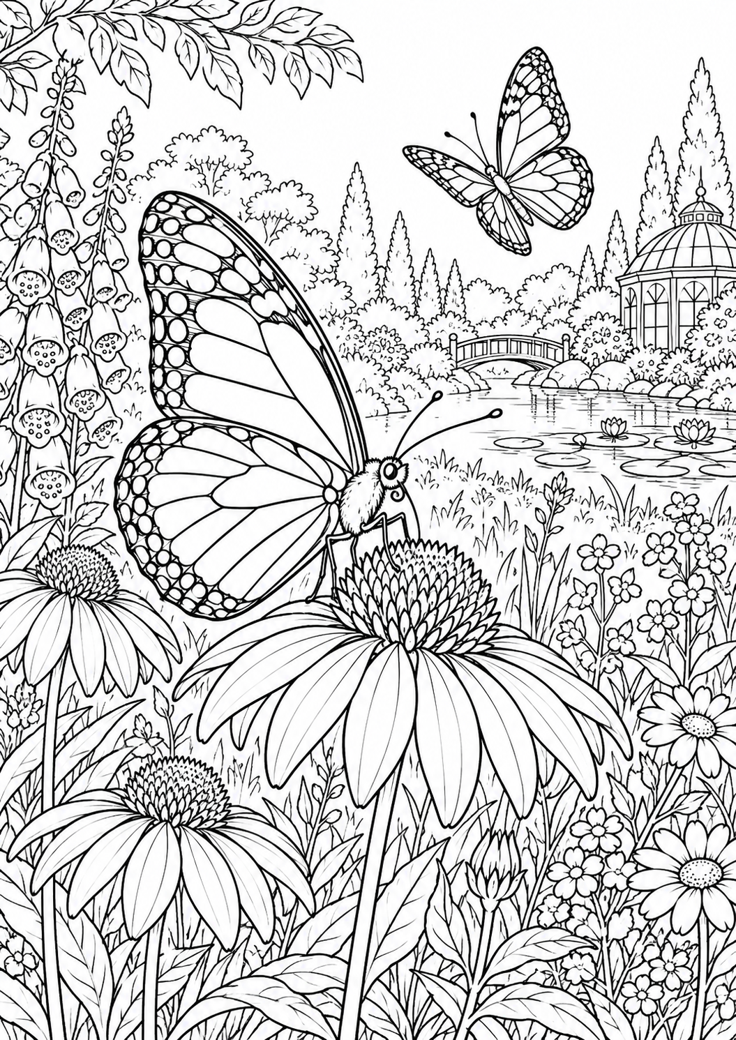Papillons au jardin botanique : coloriage original à imprimer