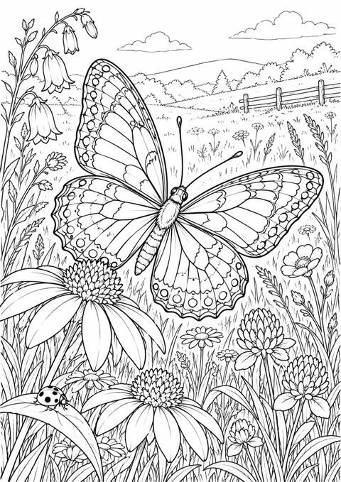 Papillon aux motifs fins, dessin en noir et blanc à colorier