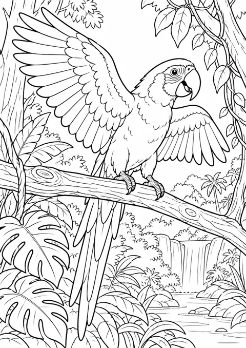 Perroquet dans la forêt tropicale, dessin en noir et blanc à colorier