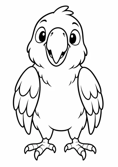 Petit perroquet de face, dessin en noir et blanc à colorier