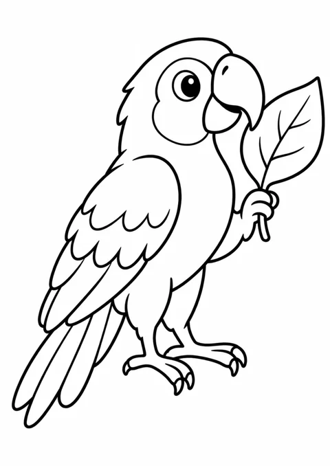 Perroquet et feuille, dessin en noir et blanc à colorier