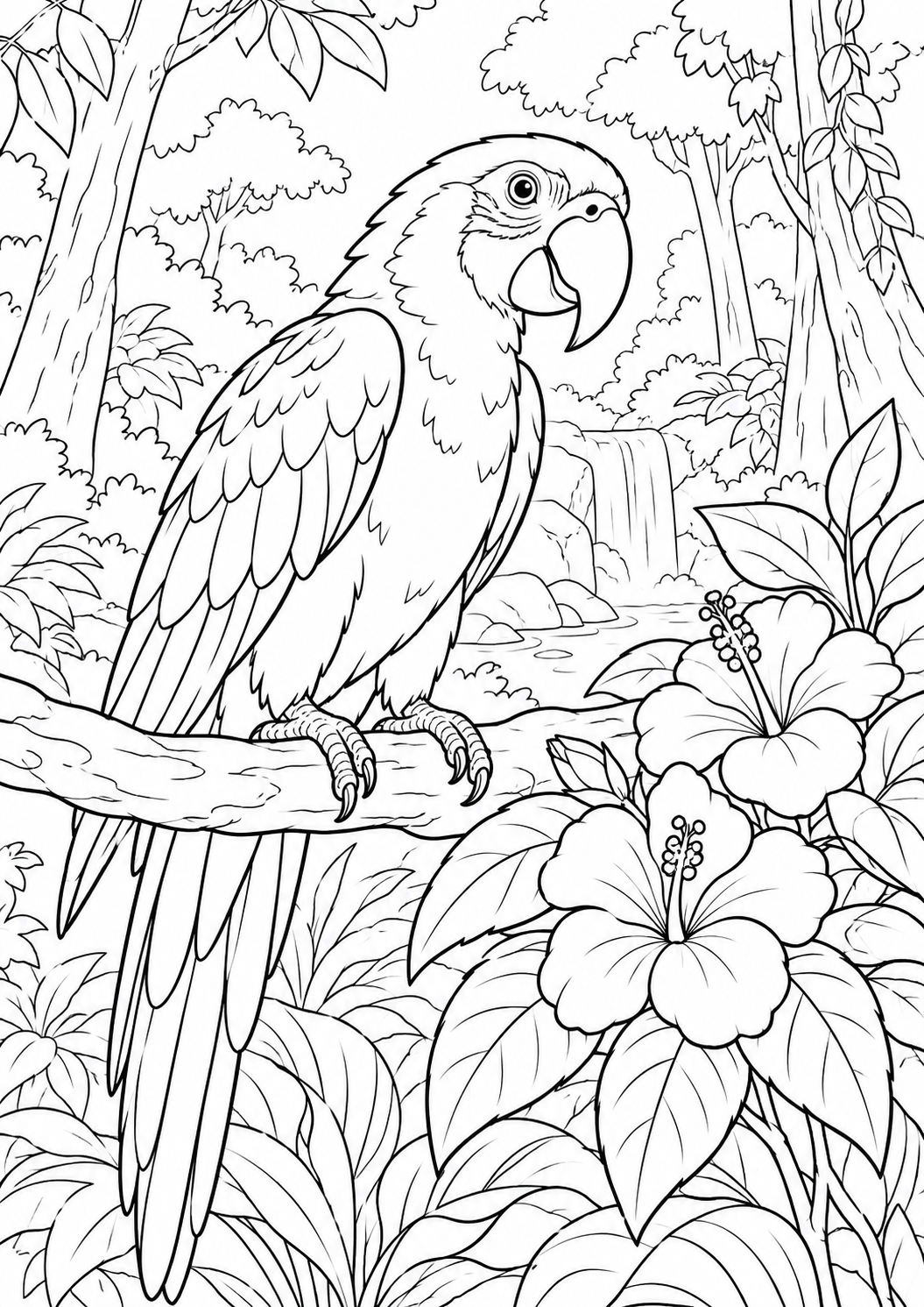 Perroquet près des fleurs : coloriage original à imprimer