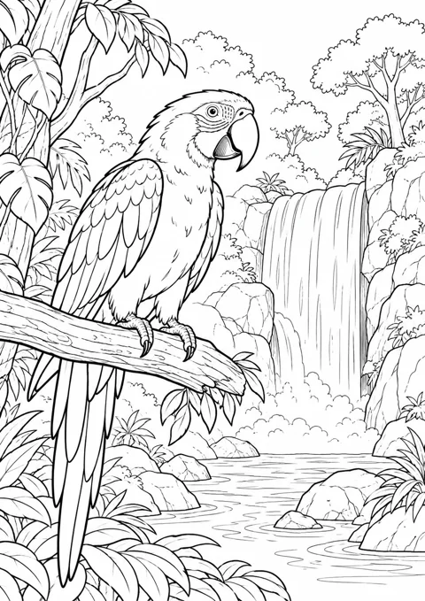 Perroquet devant une cascade, dessin en noir et blanc à colorier