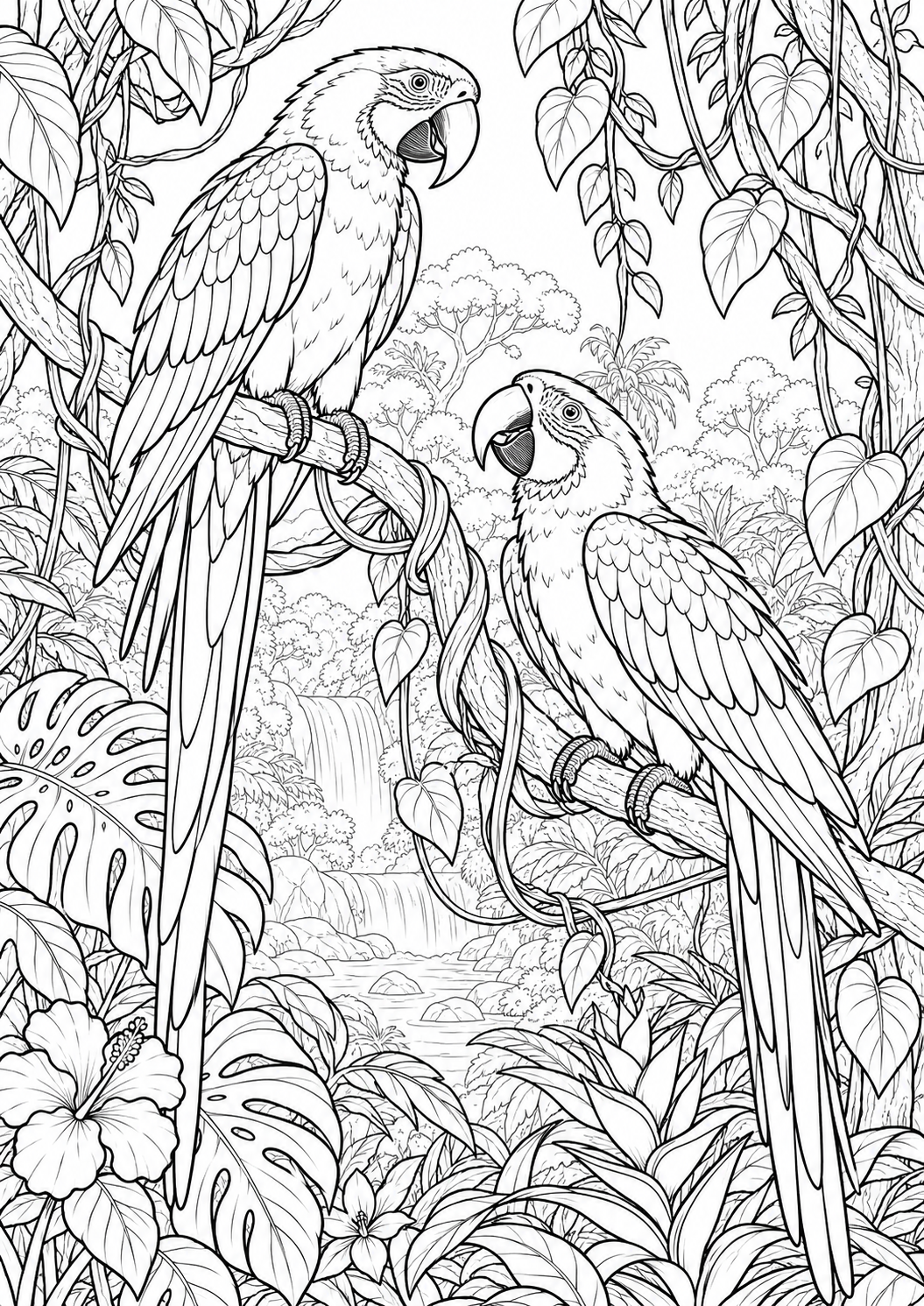 Deux aras dans les lianes : coloriage original à imprimer