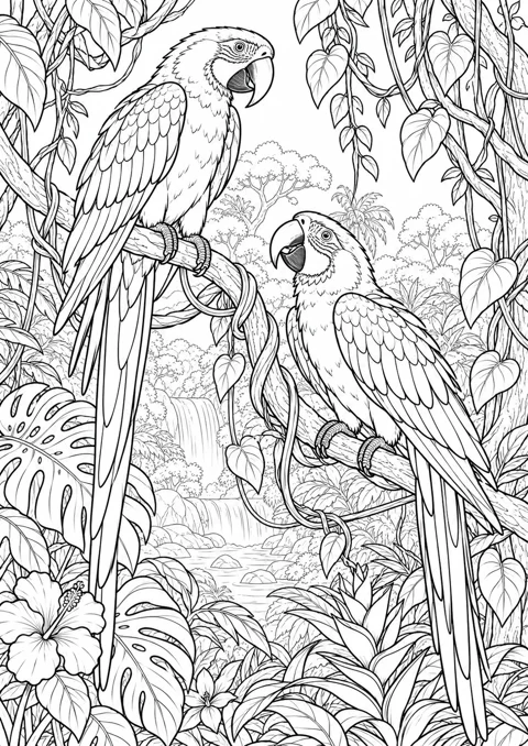 Deux aras dans les lianes, dessin en noir et blanc à colorier