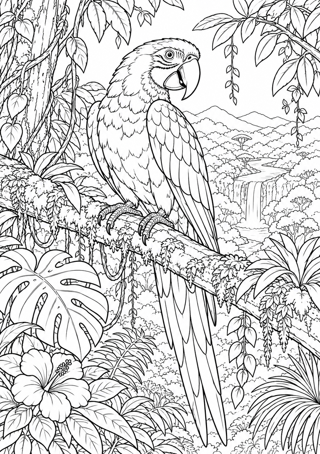 Perroquet dans la canopée : coloriage original à imprimer