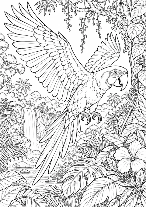 Perroquet et feuillages tropicaux, dessin en noir et blanc à colorier
