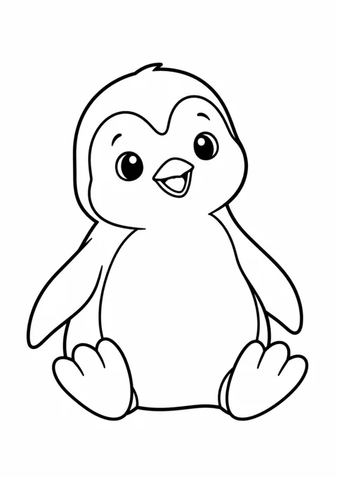 Bébé manchot assis, dessin en noir et blanc à colorier