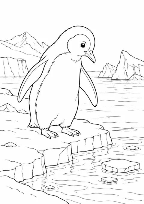 Manchot au bord de l’eau, dessin en noir et blanc à colorier