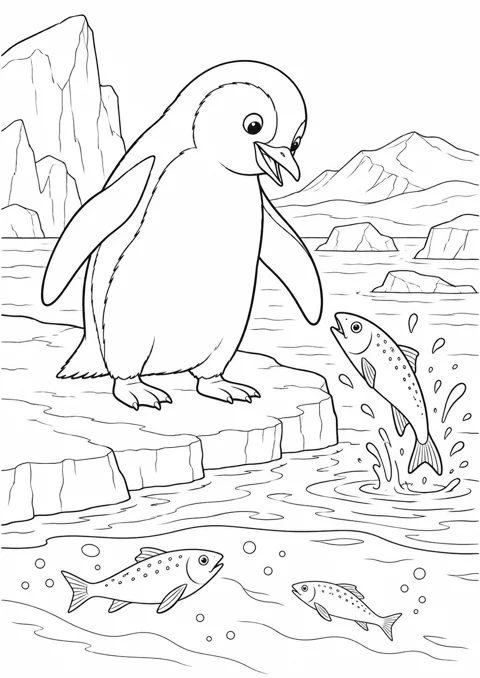 Manchot et poissons, dessin en noir et blanc à colorier