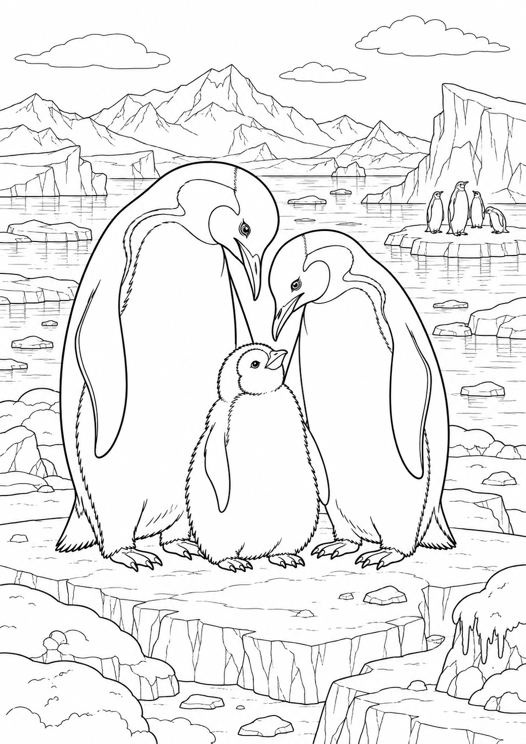 Famille de manchots sur la glace : coloriage original à imprimer