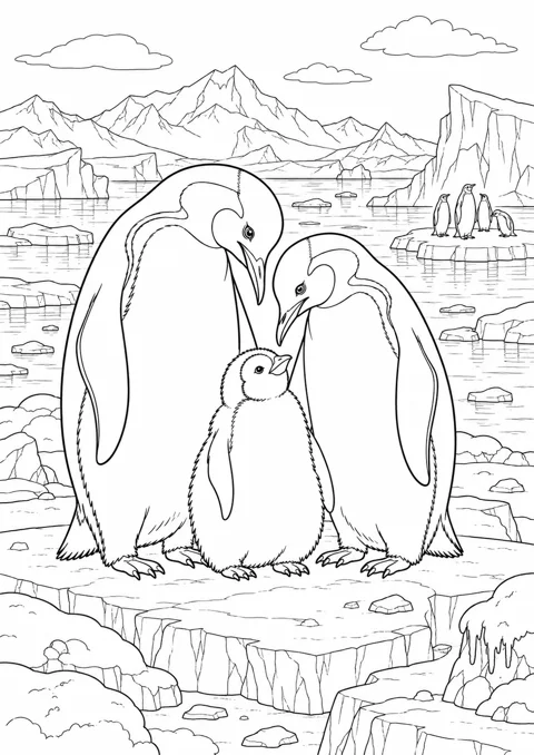 Famille de manchots sur la glace, dessin en noir et blanc à colorier