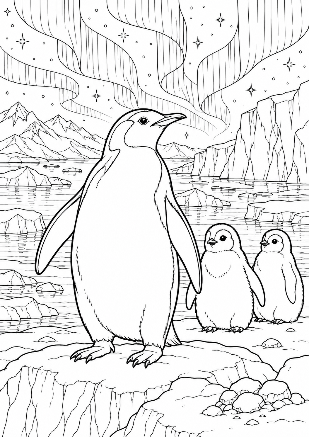 Manchots et aurores polaires : coloriage original à imprimer