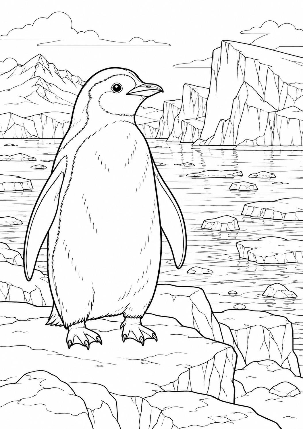 Manchot devant les icebergs : coloriage original à imprimer