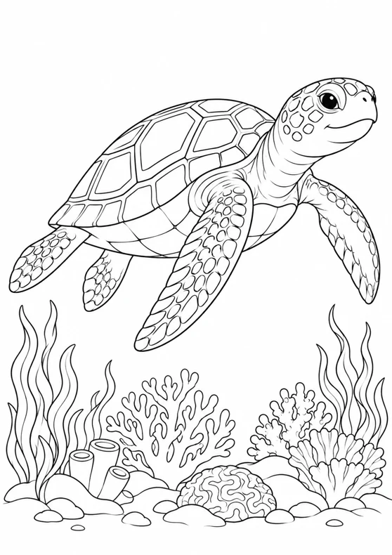 Tortue marine et coraux, dessin en noir et blanc à colorier