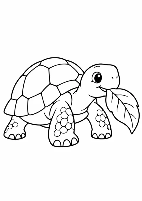 Tortue et feuille, dessin en noir et blanc à colorier