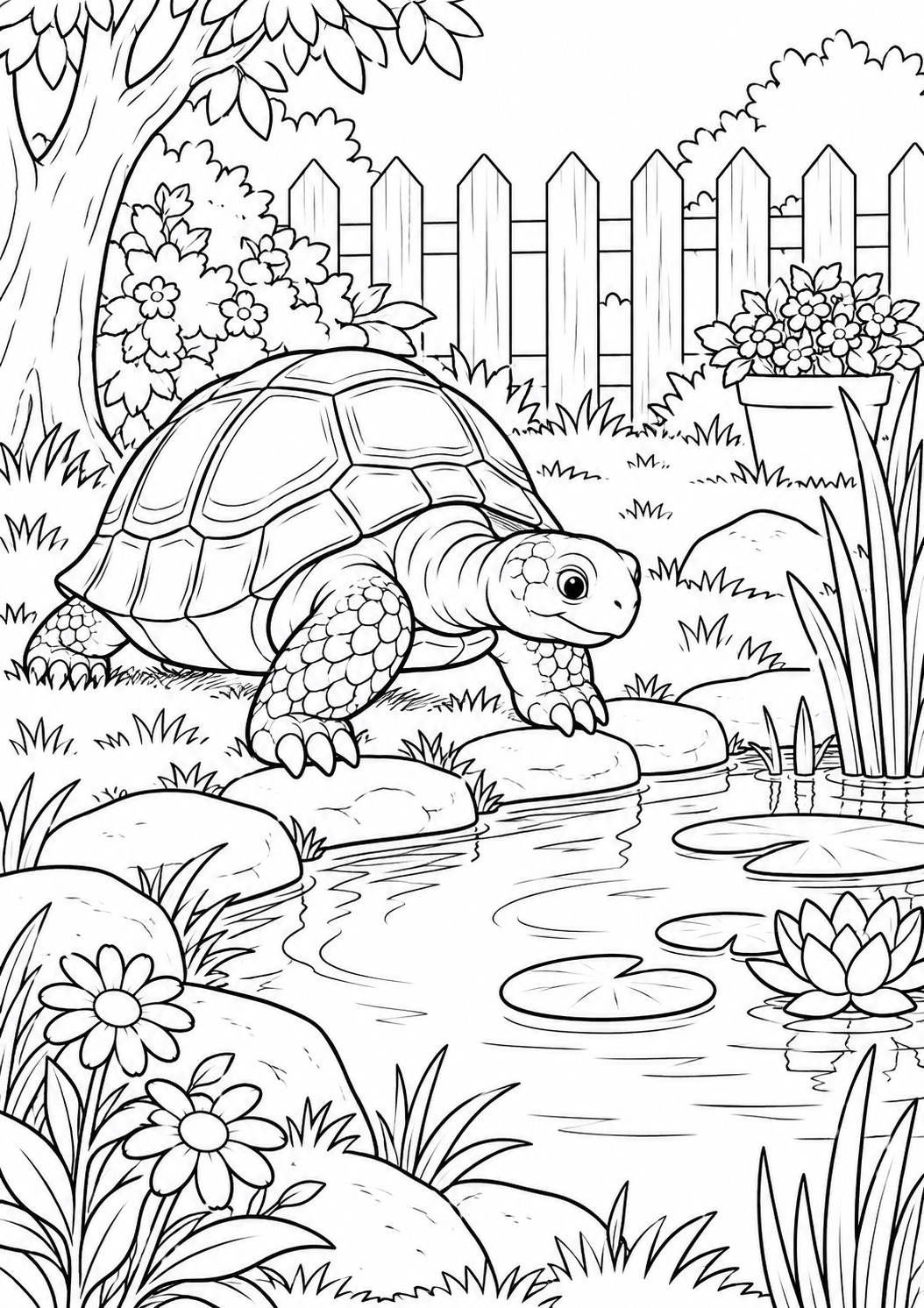 Tortue près d’une mare : coloriage original à imprimer