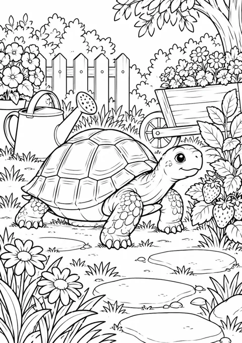 Tortue au jardin, dessin en noir et blanc à colorier