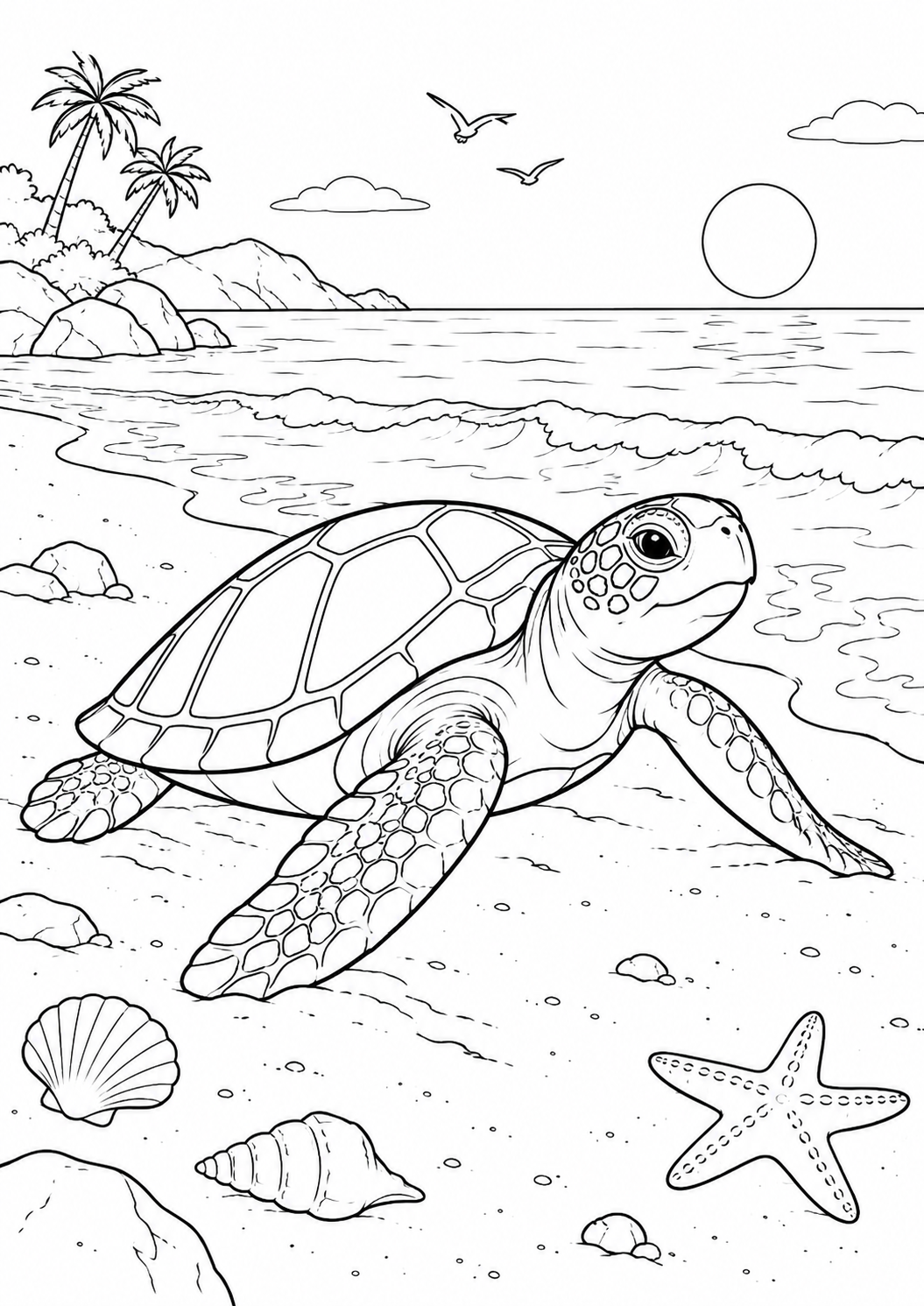 Tortue sur la plage : coloriage original à imprimer