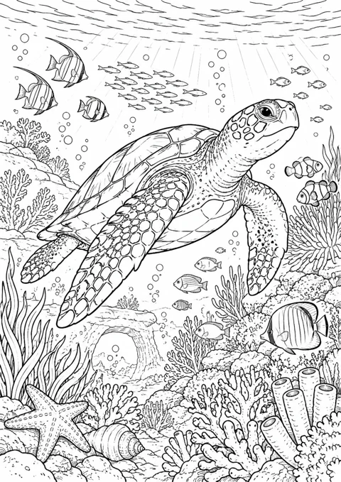 Tortue marine et poissons, dessin en noir et blanc à colorier