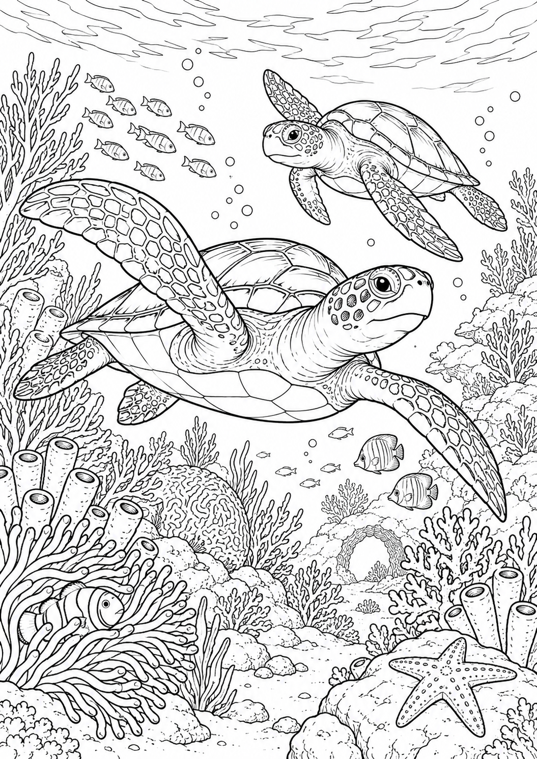 Deux tortues dans le récif : coloriage original à imprimer