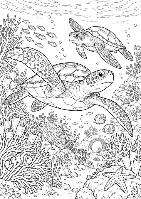 Deux tortues dans le récif, dessin en noir et blanc à colorier