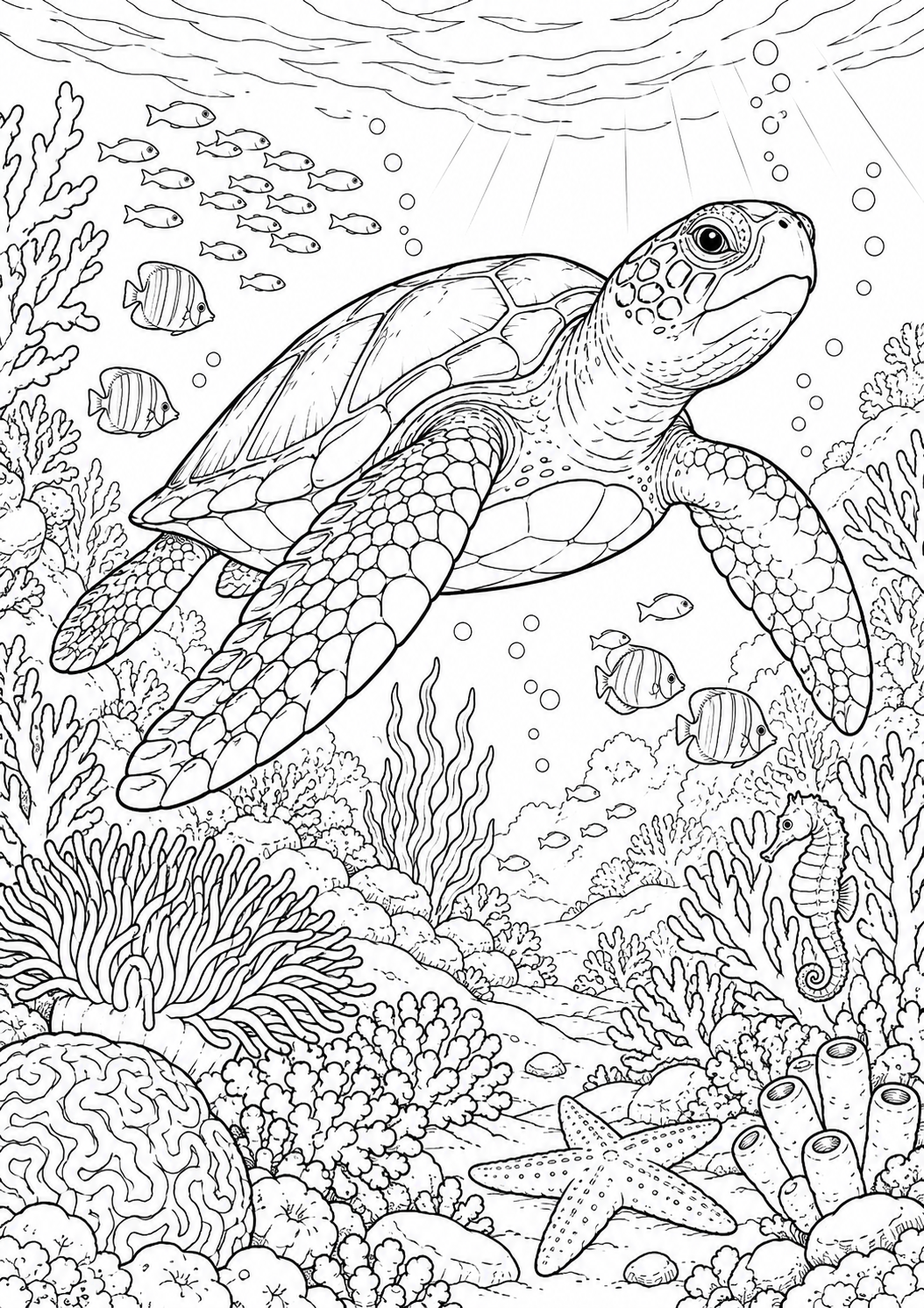 Tortue et jardin de coraux : coloriage original à imprimer