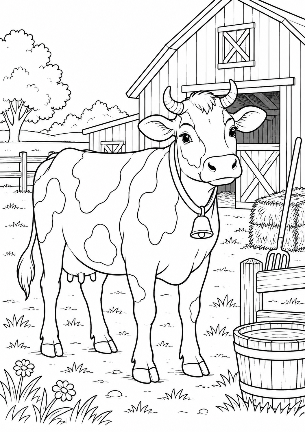 Vache devant la grange : coloriage original à imprimer