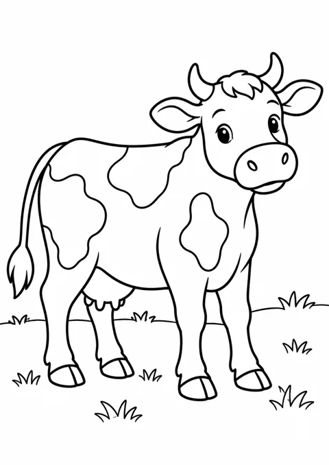 Vache dans le pré, dessin en noir et blanc à colorier