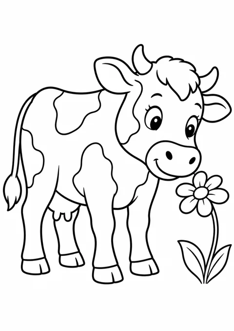 Vache et fleur, dessin en noir et blanc à colorier