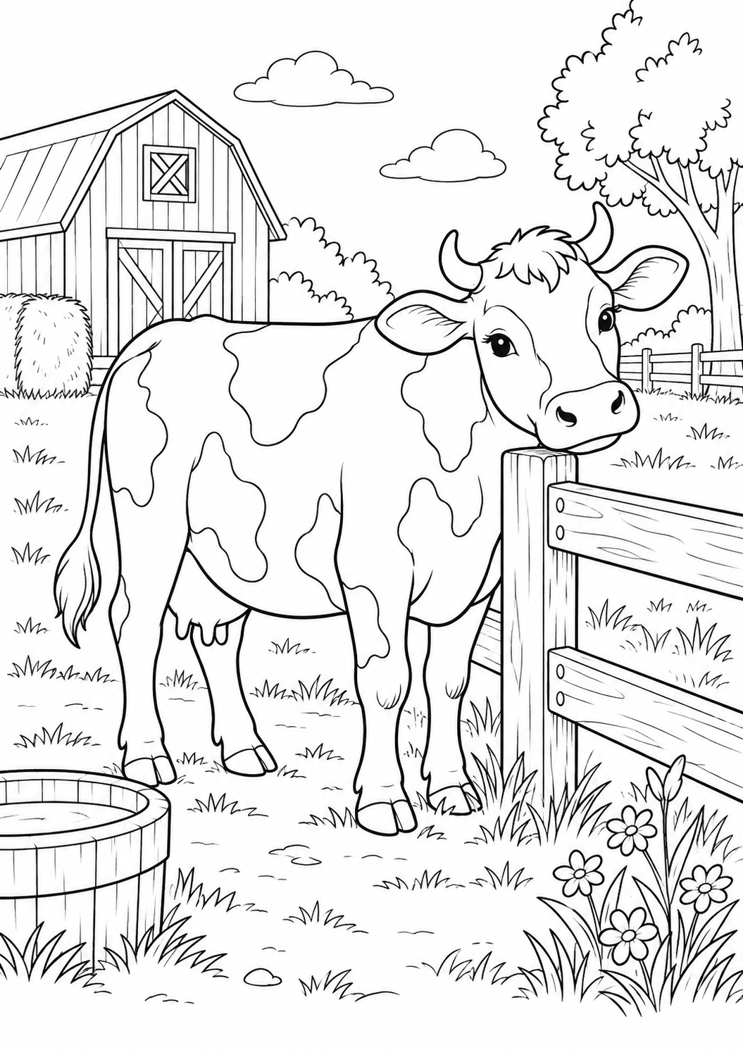 Vache près de la barrière : coloriage original à imprimer