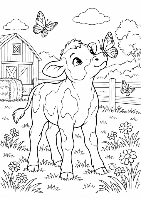 Veau et papillons, dessin en noir et blanc à colorier