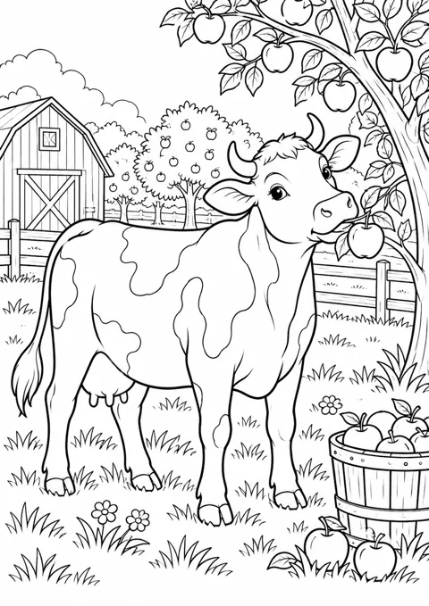 Vache au verger, dessin en noir et blanc à colorier