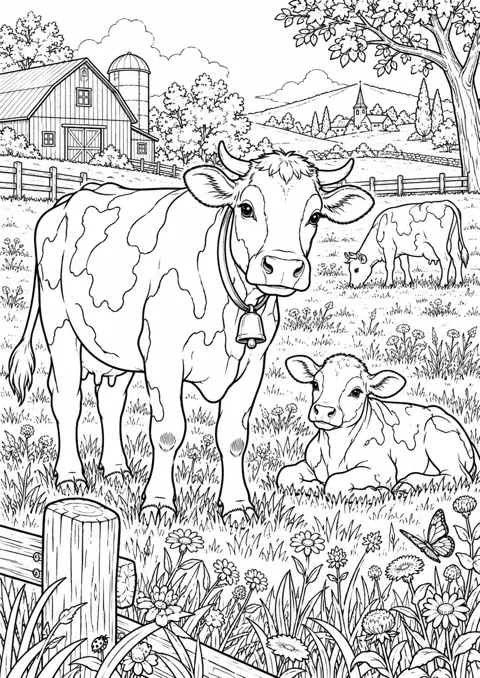 Vaches dans le pâturage, dessin en noir et blanc à colorier