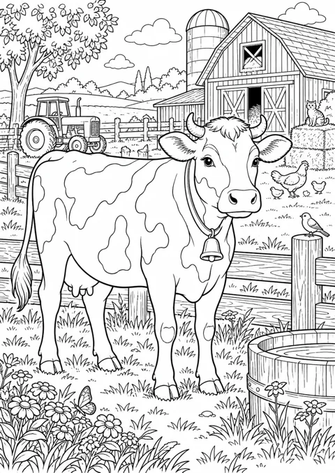 Vache et ferme en arrière-plan, dessin en noir et blanc à colorier