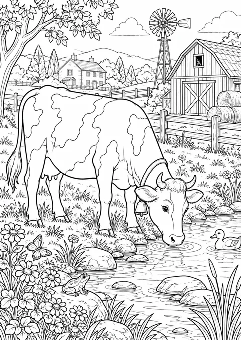 Vache près du ruisseau, dessin en noir et blanc à colorier