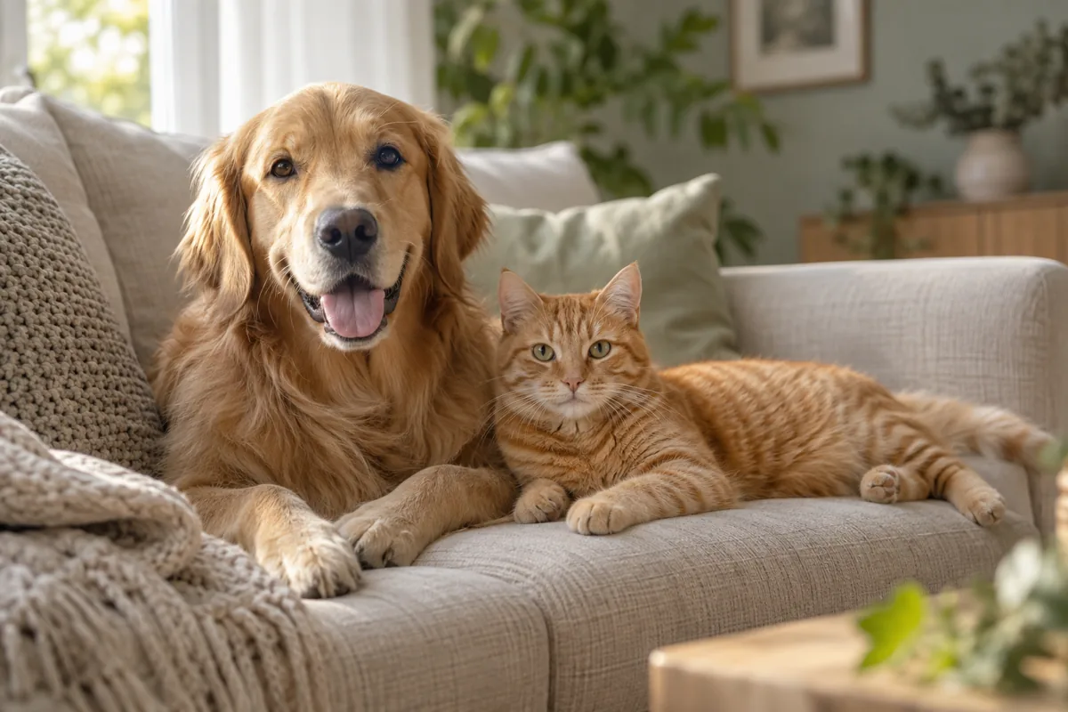 Un chien et un chat installés côte à côte sur un canapé