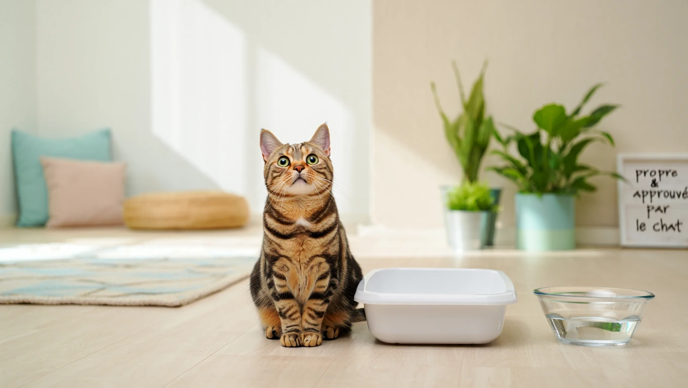 chat blond persan regardant litiere avec mefiance
