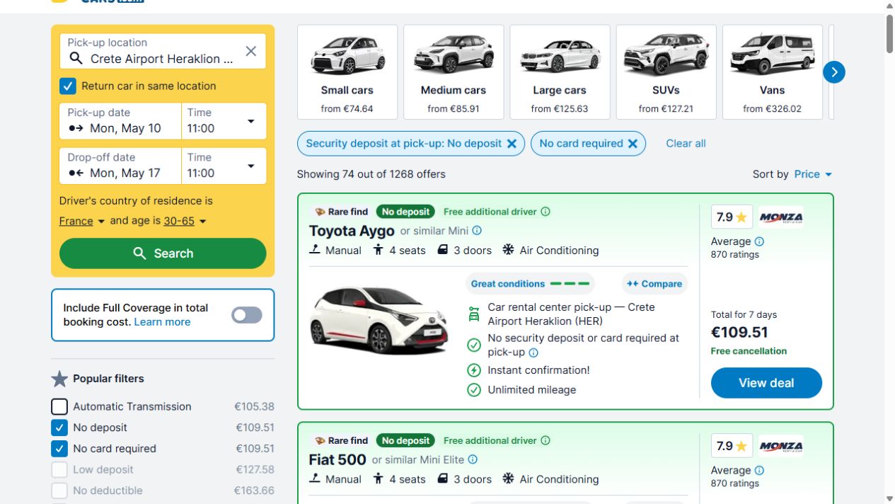 Résultats DiscoverCars avec les filtres No deposit et No card required activés