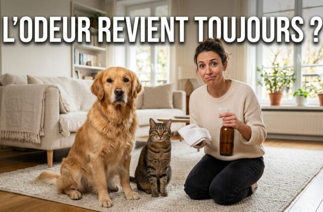 Propriétaire nettoyant un tapis près de son chien et de son chat pour éliminer les odeurs d'urine persistantes