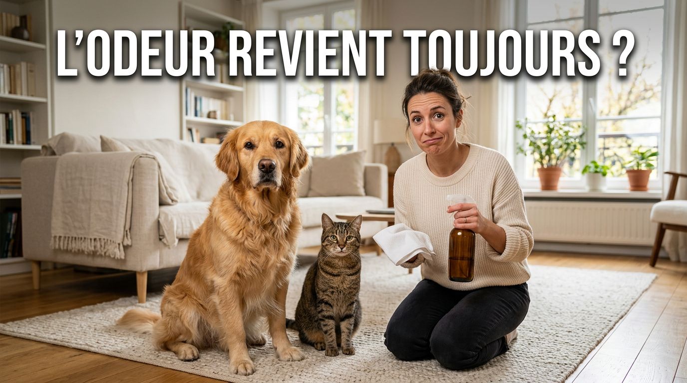 Propriétaire nettoyant un tapis près de son chien et de son chat pour éliminer les odeurs d'urine persistantes
