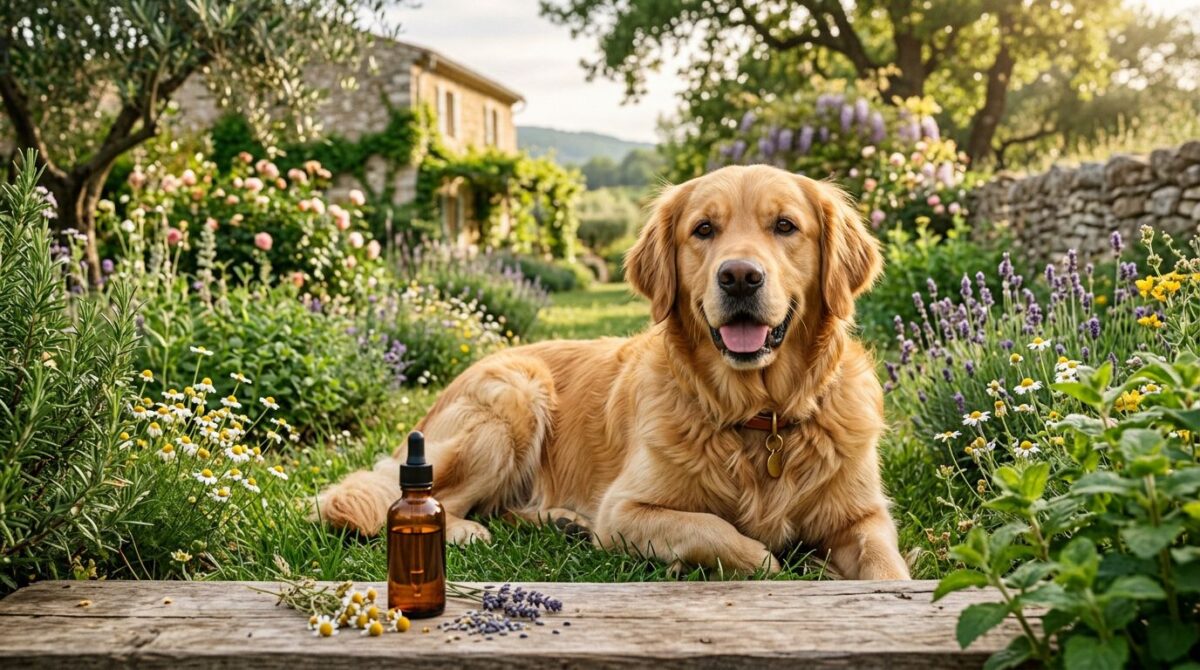 Golden Retriever détendu dans un jardin entouré de plantes aromatiques évoquant la phytothérapie et le bien-être canin