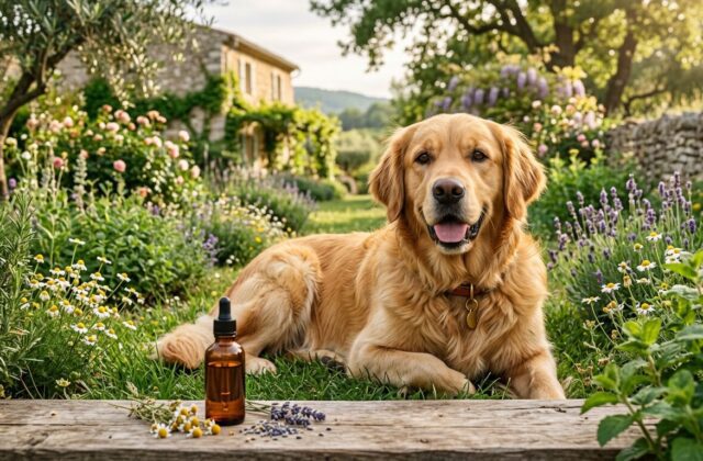 Golden Retriever détendu dans un jardin entouré de plantes aromatiques évoquant la phytothérapie et le bien-être canin